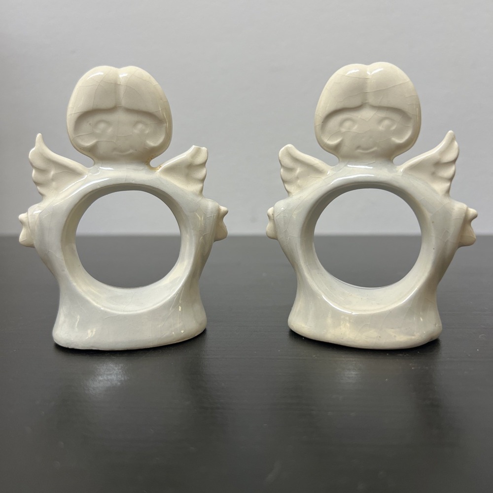 Set 2 Vintage Ceramic Angel Wings‎ Holiday Christmas Napkin Rings Ivory White